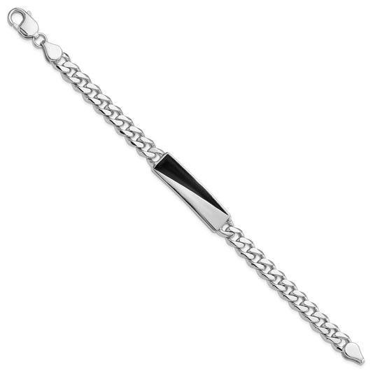 Sterling Silver Rhodium-plated 7.9mm Diagonal Black Enameled Bar and Curb Chain Mens 8 inch Bracelet