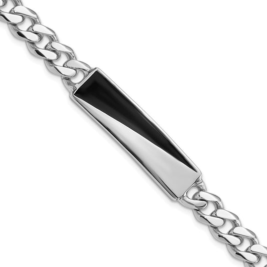 Sterling Silver Rhodium-plated 7.9mm Diagonal Black Enameled Bar and Curb Chain Mens 8 inch Bracelet