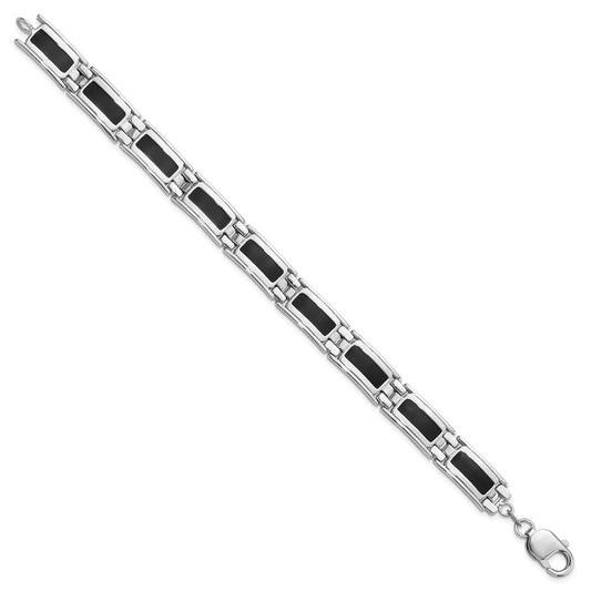 Sterling Silver Rhodium-plated 10.2mm Black Enameled Link Mens 8 inch Bracelet