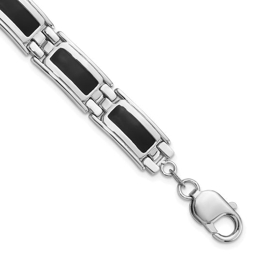 Sterling Silver Rhodium-plated 10.2mm Black Enameled Link Mens 8 inch Bracelet