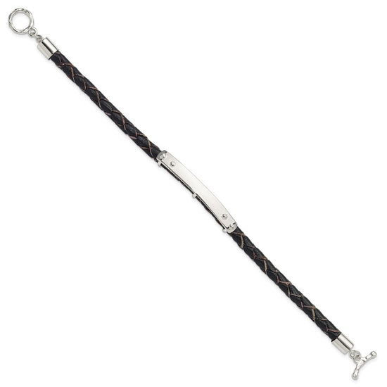 Sterling Silver Genuine Leather ID 8in Toggle Bracelet