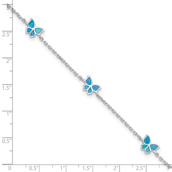 Sterling Silver Rhodium-plated Blue Created Opal Butterflies 9 inch Plus 0.5 inch Extender -Total 9.5 inch Anklet