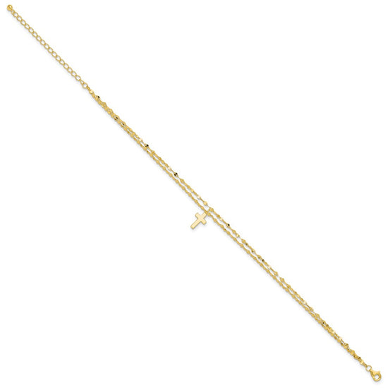 Sterling Silver Gold-tone 2-Strand Cross Charm 8.75 inch Plus 2 inch Extender - Total 10.75 inch Anklet