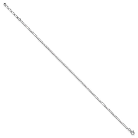 Sterling Silver Rhodium-plated 2mm CZ 9 inch Plus 1 inch Extender Total 10 inch Anklet