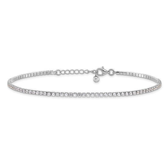 Sterling Silver Rhodium-plated 2mm CZ 9 inch Plus 1 inch Extender Total 10 inch Anklet