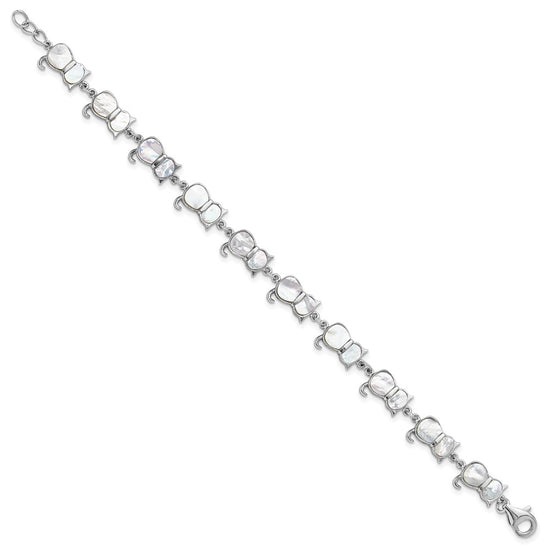 Sterling Silver Rhodium-plated Mother of Pearl Cat Link Bracelet