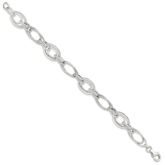 Sterling Silver Rhodium-plated Polished and Textured Double Link 7.5 inch Bracelet