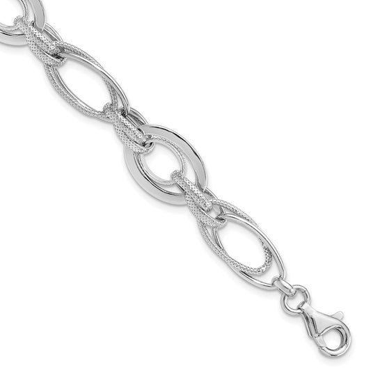 Sterling Silver Rhodium-plated Polished and Textured Double Link 7.5 inch Bracelet