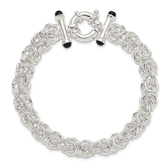 Sterling Silver Polished Black Onyx Rounded Byzantine Chain Bracelet
