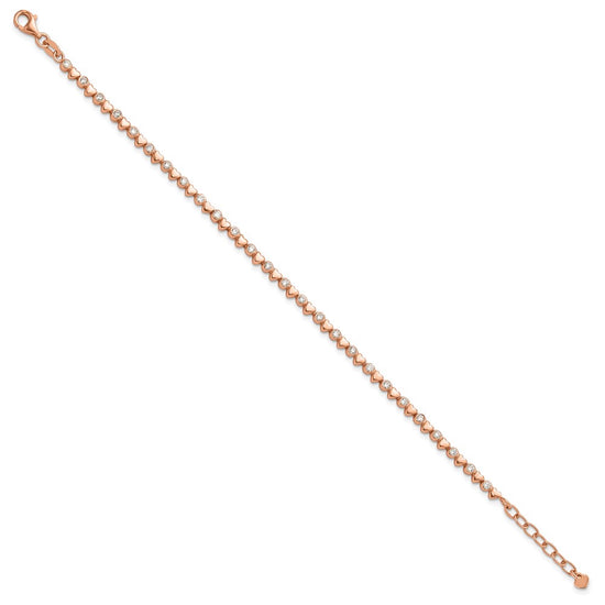Sterling Silver Rose-tone Polished CZ and Hearts 7in w/1in ext. Bracelet