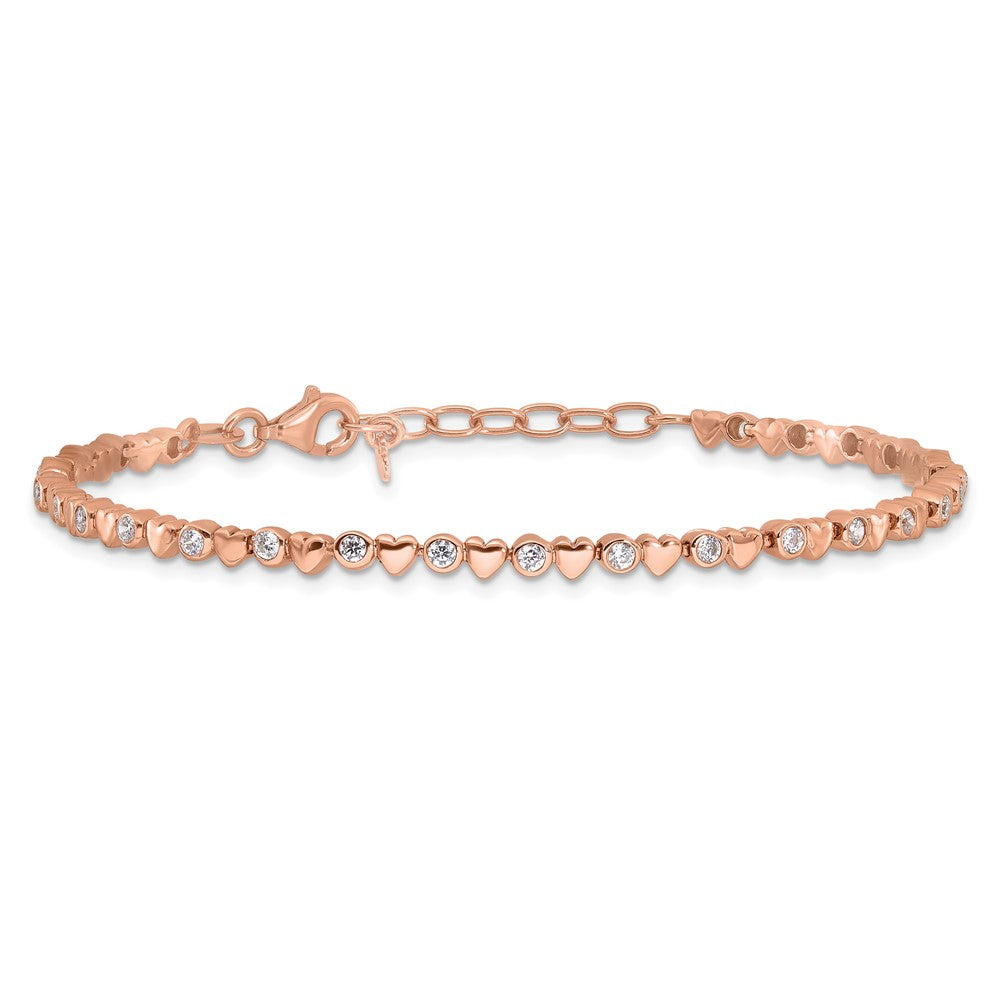 Sterling Silver Rose-tone Polished CZ and Hearts 7in w/1in ext. Bracelet