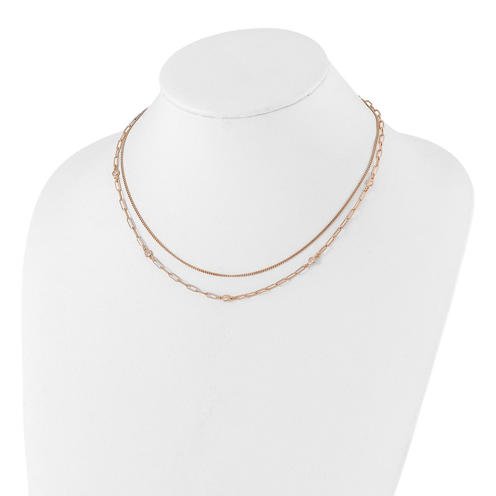Sterling Silver Rose Gold-plated CZ 2 Strand 17in w/2in ext. Necklace