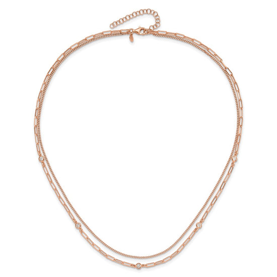Sterling Silver Rose Gold-plated CZ 2 Strand 17in w/2in ext. Necklace