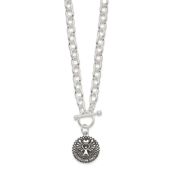 Sterling Silver Oxidized Dangle GUARDIAN ANGEL Toggle Clasp Necklace