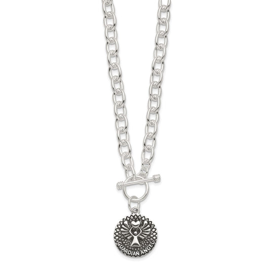 Sterling Silver Oxidized Dangle GUARDIAN ANGEL Toggle Clasp Necklace