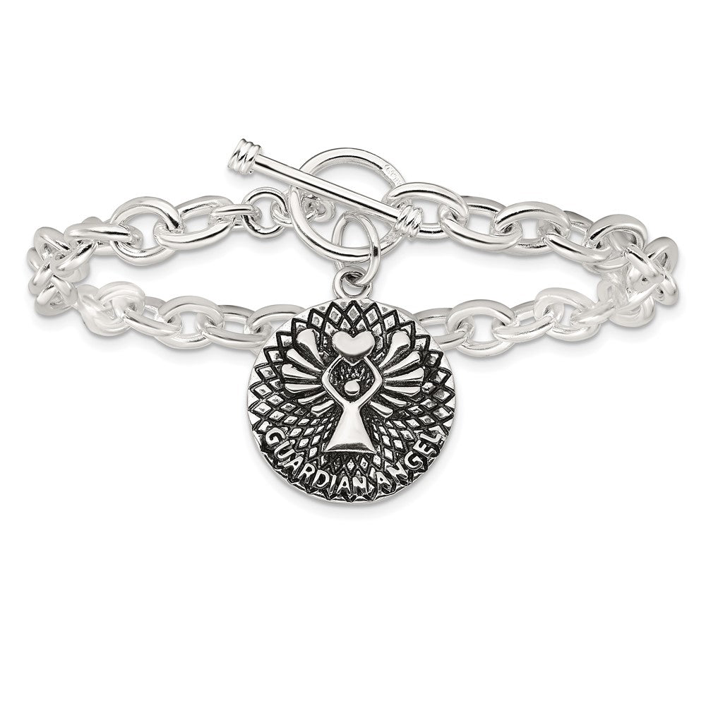 Sterling Silver Oxidized Dangle GUARDIAN ANGEL Toggle Clasp Bracelet