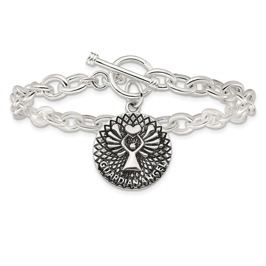 Sterling Silver Oxidized Dangle GUARDIAN ANGEL Toggle Clasp Bracelet