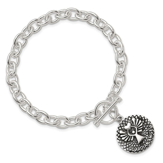 Sterling Silver Oxidized Dangle GUARDIAN ANGEL Toggle Clasp Bracelet