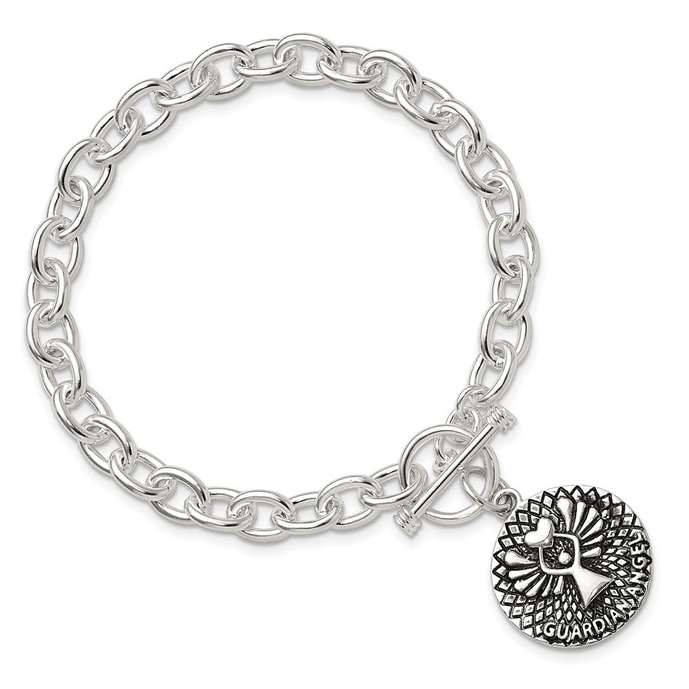 Sterling Silver Oxidized Dangle GUARDIAN ANGEL Toggle Clasp Bracelet
