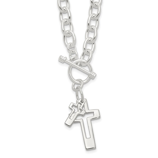 Sterling Silver E-Coated Double Open Cross Toggle 18in Necklace