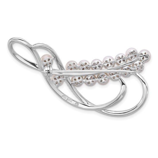 Sterling Silver Rhodium-plated 4-5mm White Round Freshwater Cultured Pearl and CZ Pin