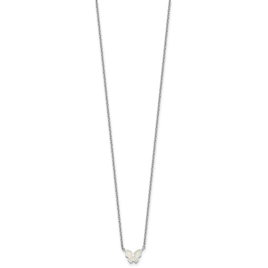 Sterling Silver RH-pl Cr.Opal Butterfly 16in Necklace w/2in ext/Earring Set