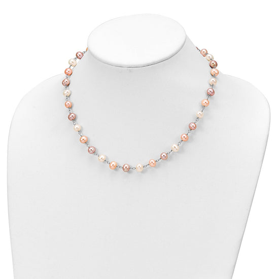 Sterling Silver Rhodium-plated 6-7mm White, Pink and Purple Semi-Round Freshwater Cultured Pearl 18 inch Necklace, 7.25 inch Bracelet and 3-piece Button Post Earrings Set