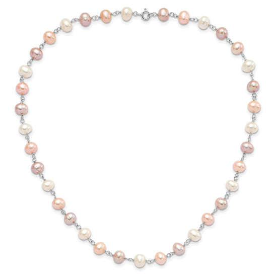 Sterling Silver Rhodium-plated 6-7mm White, Pink and Purple Semi-Round Freshwater Cultured Pearl 18 inch Necklace, 7.25 inch Bracelet and 3-piece Button Post Earrings Set