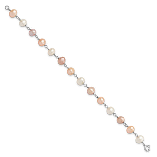 Sterling Silver Rhodium-plated 6-7mm White, Pink and Purple Semi-Round Freshwater Cultured Pearl 18 inch Necklace, 7.25 inch Bracelet and 3-piece Button Post Earrings Set