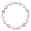 Sterling Silver Rhodium-plated 6-7mm White, Pink and Purple Semi-Round Freshwater Cultured Pearl 18 inch Necklace, 7.25 inch Bracelet and 3-piece Button Post Earrings Set