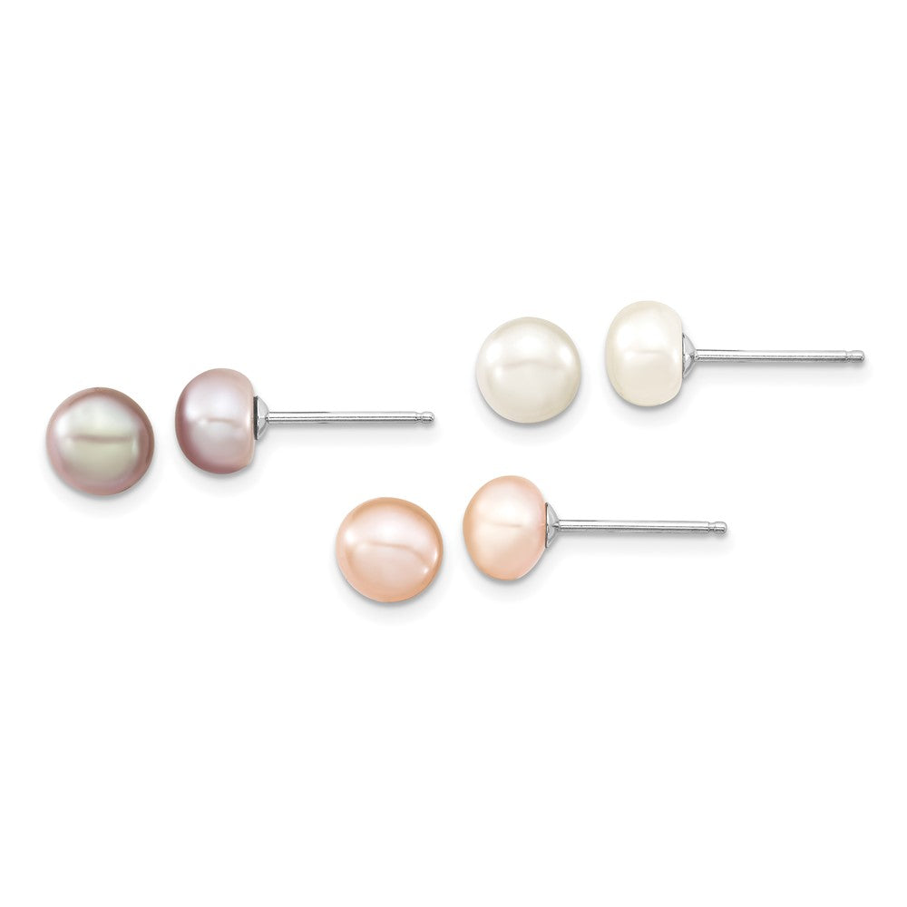 Sterling Silver Rhodium-plated 6-7mm White, Pink and Purple Semi-Round Freshwater Cultured Pearl 18 inch Necklace, 7.25 inch Bracelet and 3-piece Button Post Earrings Set