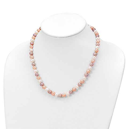 Sterling Silver Rhodium-plated 6-7mm White, Pink and Purple Semi-Round Freshwater Cultured Pearl 18 inch Necklace, 7.25 inch Bracelet and 3-piece Button Post Earrings Set