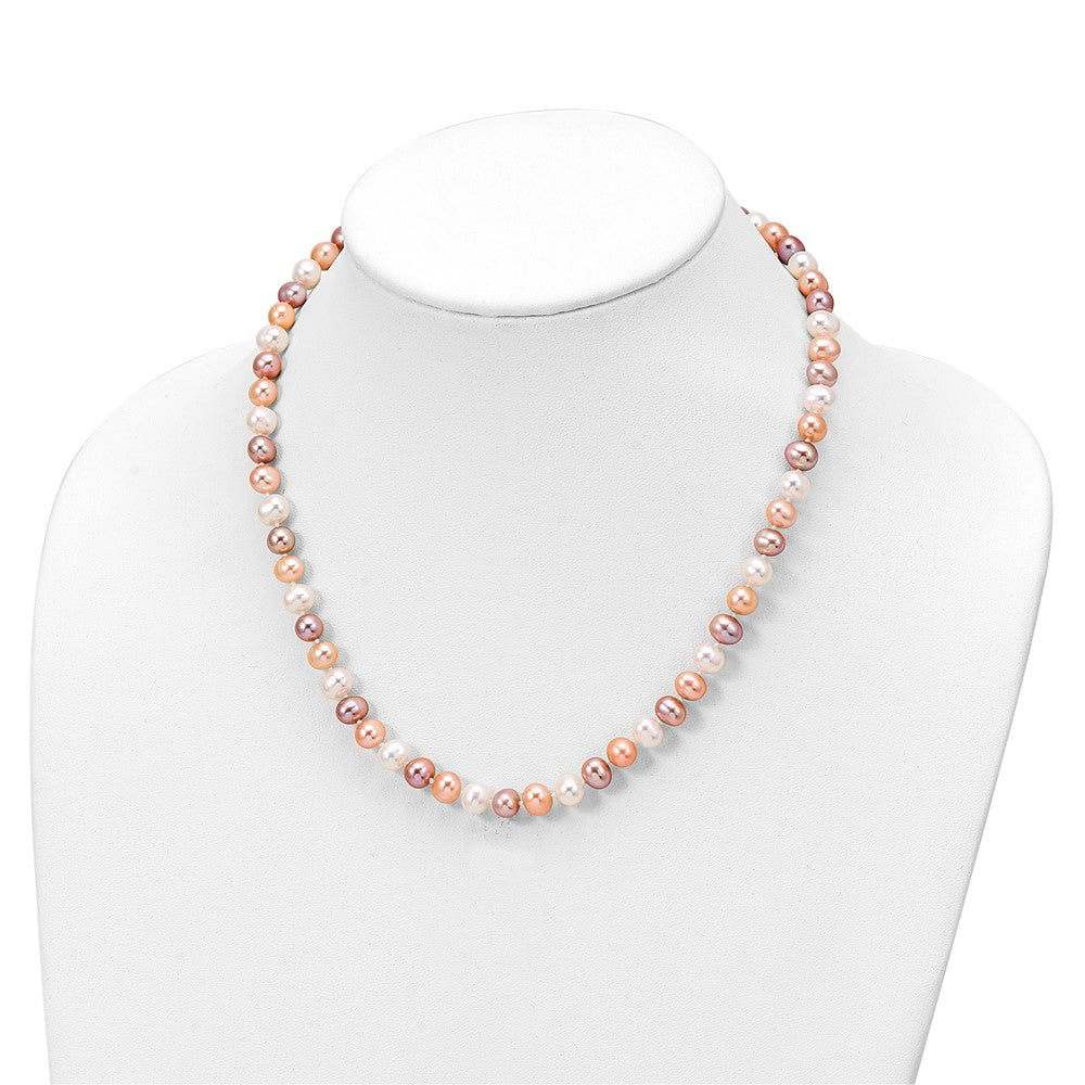 Sterling Silver Rhodium-plated 6-7mm White, Pink and Purple Semi-Round Freshwater Cultured Pearl 18 inch Necklace, 7.25 inch Bracelet and 3-piece Button Post Earrings Set
