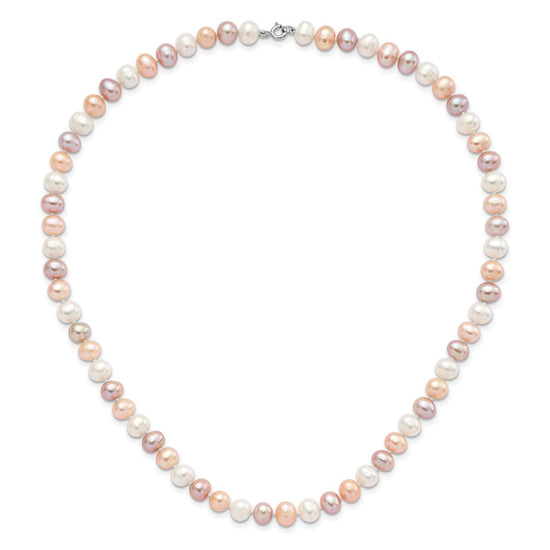Sterling Silver Rhodium-plated 6-7mm White, Pink and Purple Semi-Round Freshwater Cultured Pearl 18 inch Necklace, 7.25 inch Bracelet and 3-piece Button Post Earrings Set