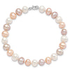 Sterling Silver Rhodium-plated 6-7mm White, Pink and Purple Semi-Round Freshwater Cultured Pearl 18 inch Necklace, 7.25 inch Bracelet and 3-piece Button Post Earrings Set