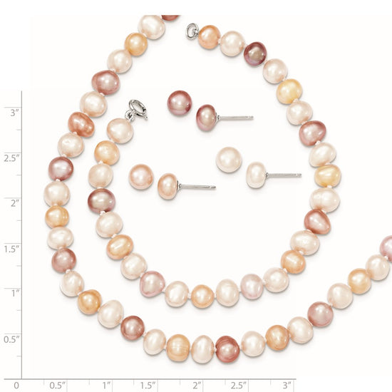 Sterling Silver Rhodium-plated 6-7mm White, Pink and Purple Semi-Round Freshwater Cultured Pearl 18 inch Necklace, 7.25 inch Bracelet and 3-piece Button Post Earrings Set