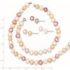 Sterling Silver Rhodium-plated 6-7mm White, Pink and Purple Semi-Round Freshwater Cultured Pearl 18 inch Necklace, 7.25 inch Bracelet and 3-piece Button Post Earrings Set