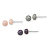 Sterling Silver Rhodium-plated 6-7mm Black, Pink and Gray Semi-Round Freshwater Cultured Pearl 18 inch Necklace, 7.25 inch Bracelet and 3-piece Button Post Earrings Set