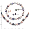 Sterling Silver Rhodium-plated 6-7mm Black, Pink and Gray Semi-Round Freshwater Cultured Pearl 18 inch Necklace, 7.25 inch Bracelet and 3-piece Button Post Earrings Set