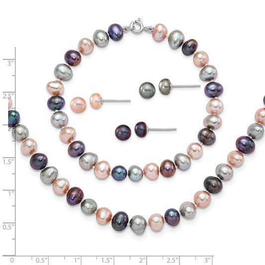 Sterling Silver Rhodium-plated 6-7mm Black, Pink and Gray Semi-Round Freshwater Cultured Pearl 18 inch Necklace, 7.25 inch Bracelet and 3-piece Button Post Earrings Set