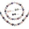 Sterling Silver Rhodium-plated 6-7mm Black, Pink and Gray Semi-Round Freshwater Cultured Pearl 18 inch Necklace, 7.25 inch Bracelet and 3-piece Button Post Earrings Set