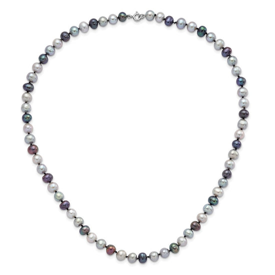 Sterling Silver Rhodium-plated 6-7mm Grey and Black Semi-Round Freshwater Cultured Pearl 18 inch Necklace and 7.25 Bracelet and 3-piece Button Post Earrings Set