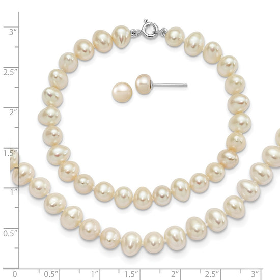 Sterling Silver Rhodium-plated 6-7mm White Semi-Round Freshwater Cultured Pearl 18 inch Necklace, 7.25 in Bracelet and Button Post Earrings Set