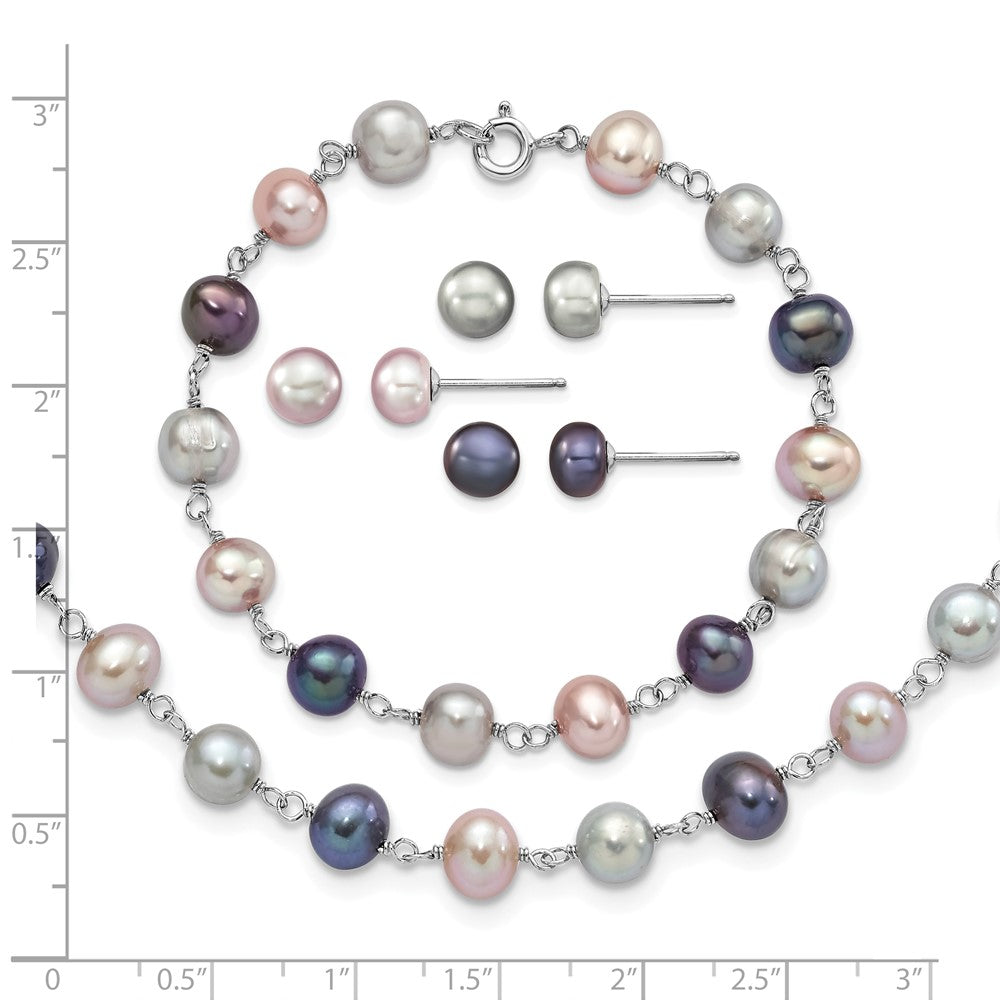 Sterling Silver Rhodium-plated 6-7mm Grey, Pink and Black Semi-Round Freshwater Cultured Pearl 18 inch Necklace, 7.25 inch Bracelet and 3-piece Button Post Earrings Set