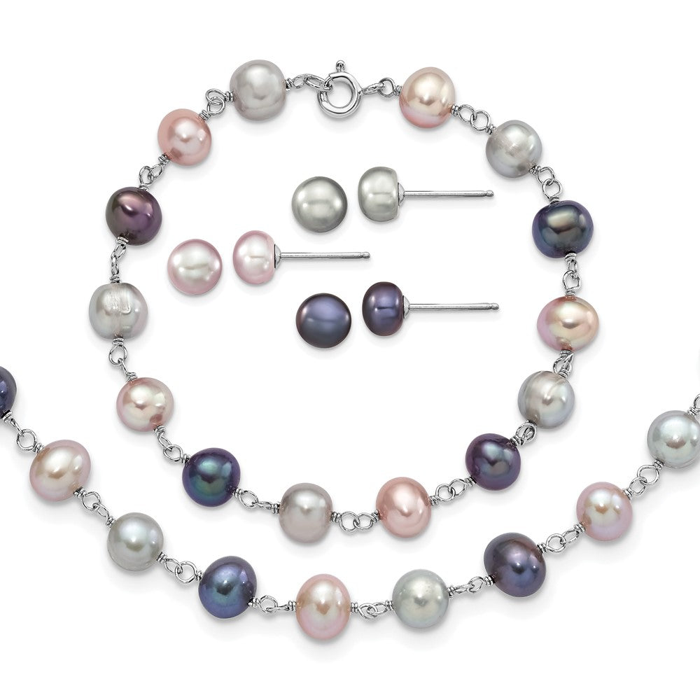 Sterling Silver Rhodium-plated 6-7mm Grey, Pink and Black Semi-Round Freshwater Cultured Pearl 18 inch Necklace, 7.25 inch Bracelet and 3-piece Button Post Earrings Set