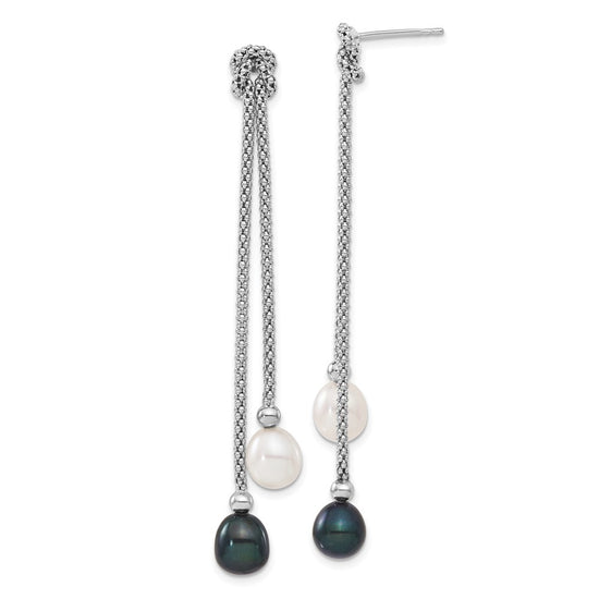 Sterling Silver Rhodium-plated 7-8mm Black and White Teardrop Freshwater Cultured Pearl Knot 18 inch Necklace and Post Dangle Earrings Set