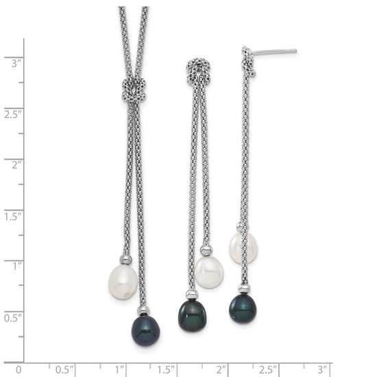 Sterling Silver Rhodium-plated 7-8mm Black and White Teardrop Freshwater Cultured Pearl Knot 18 inch Necklace and Post Dangle Earrings Set