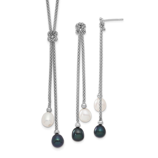 Sterling Silver Rhodium-plated 7-8mm Black and White Teardrop Freshwater Cultured Pearl Knot 18 inch Necklace and Post Dangle Earrings Set
