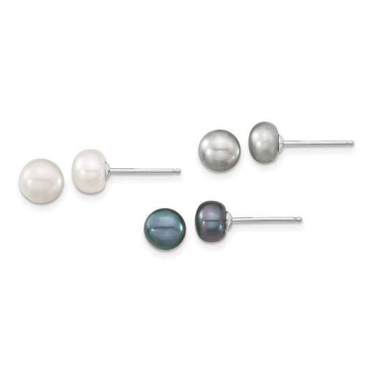 Sterling Silver Rhodium-plated 6-8mm White, Grey and Black Semi-Round Freshwater Cultured Pearl 18 inch Necklace and 7.25 inch Bracelet and 3-piece Button Post Earrings Set
