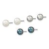 Sterling Silver Rhodium-plated 6-8mm White, Grey and Black Semi-Round Freshwater Cultured Pearl 18 inch Necklace and 7.25 inch Bracelet and 3-piece Button Post Earrings Set